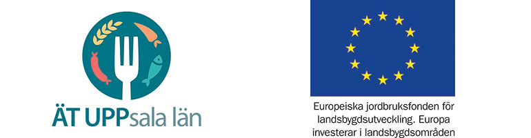 Logptyp för ÄT Uppsala län (en gaffel omgiven av korv, säd, morot och fisk) samt EU:s logotyp med gula stjärnor på blå bakgrund och texten "Europeiska jodrbruksfonden för landsbygdsutveckling. Europa investerar i landsbygdsområden".