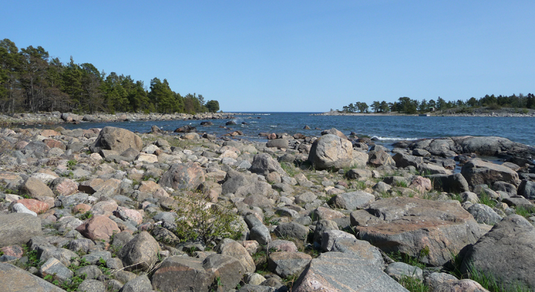 Strand med stenar och hav i bakgrunden.