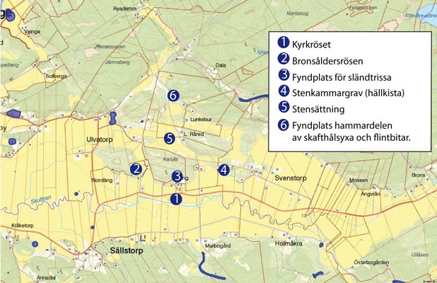 Karta över fornfynd som gjorts i området. 