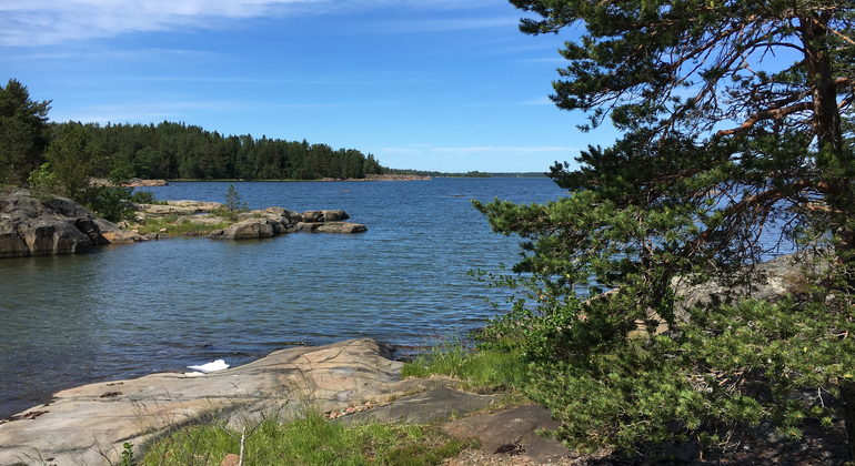 Blått hav och blå sommarhimmel. I förgrunden en slät klipphäll och tall i Långholmen-Käringö naturreservat. Foto Länsstyrelsen