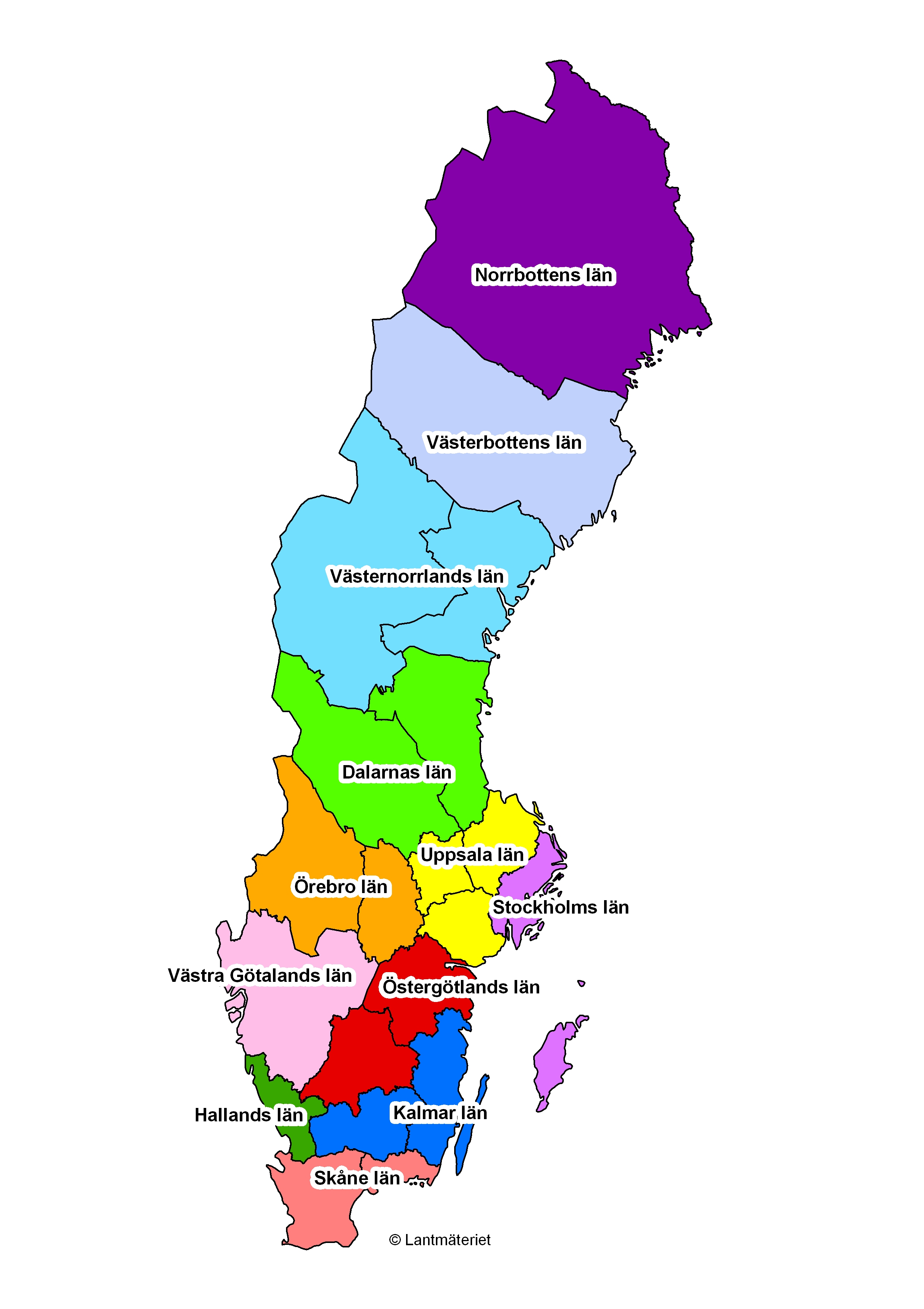 Karta över Sverige där länen är indelade i färger för att markera vilka de tolv miljöprövningsdelegationerna är. 