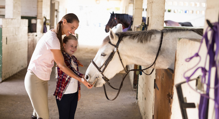 En flicka och hennes mamma som matar en häst i stallet