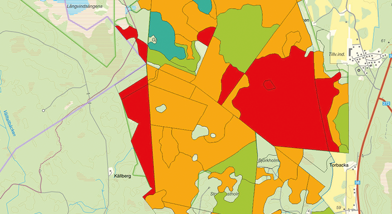 Karta över habitatklassning, färger av områden.