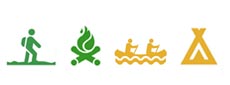 Symbol vandra, elda grön. Paddla, tälta gul