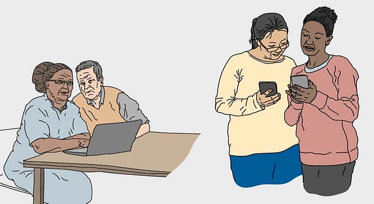 En kvinna och en man sitter vid en dator och två andra personer står tillsammans med mobiltelefoner i händerna. Bilden illustrerar personer som tar del av information. 