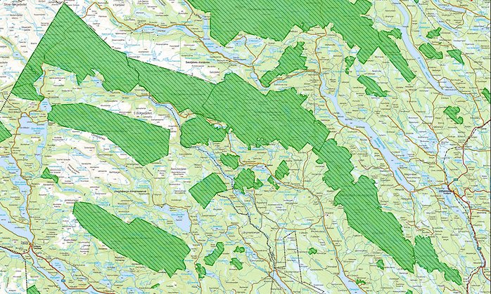 Karta som visar hur flera naturreservat i Västerbottens fjällvärld nu bildar ett band.
