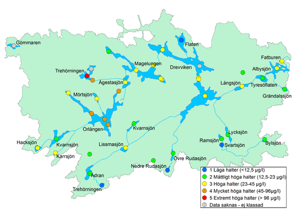 Karta som visar tillståndsklassning av näringsämnet fosfor i Tyresåns sjöar med data från åren 2010-2015.