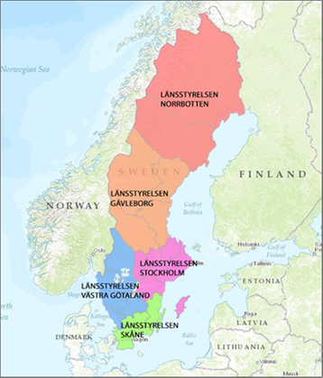 Karta över Sverige med markeringar i olika färger för de fem länsstyrelserna som är ansvariga för kontroller.