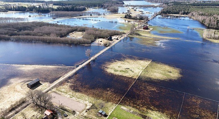 Översvämningar kring Tämnarån uppströms Ubblixbo, 17 april 2024.