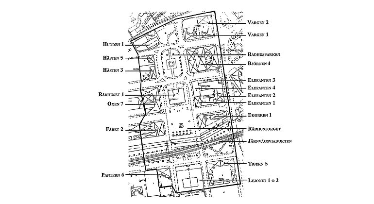 Kartbild över Rådhustorgets byggnadsminnen
