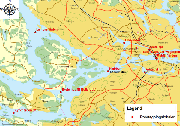Karta över Mälarens östra delar med mätstationerna utpekade, från Fakta 2015:19.