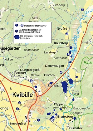 Karta över fynd och fornminnen runt Kvibille.