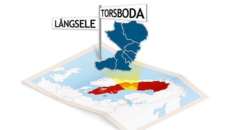Illustration med en karta över delar av norra Europa där Sverige är färgmarkerat. Och Västernorrlands län är utlyft i en annan färg.