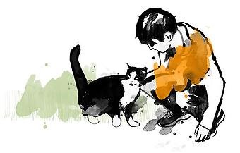Illustration - pojke som kelar med katt