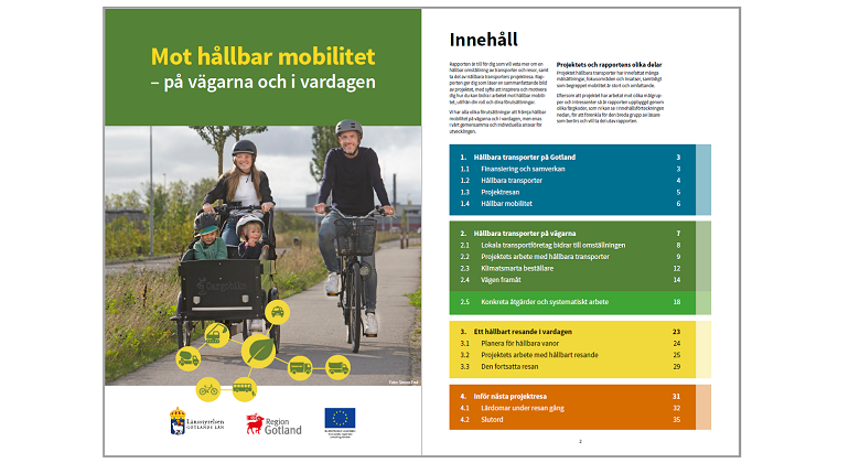 Framsidan av Hållbara transporters slutrapport föreställande en familj som cyklar och till höger en innehållsförteckning.