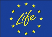 Symbolen för EU-kommissionens Life-fond. Blå bakgrund med ordet "life" skrivet i gult i mitten omgivet av tolv gula stjärnor i en ring. 