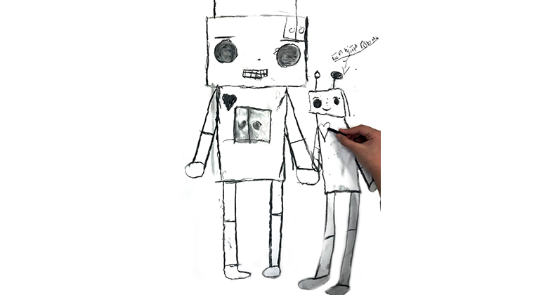 En hand som tecknar två robotar.
