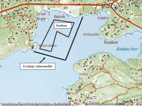 Karta över avstängning av vattenområde vid Grisslinge 
havsbad med anledning av motorbåtstävling