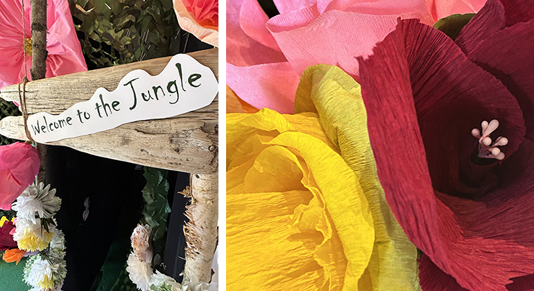 Kollage med en färgglad portal med texten Welcome to the jungle och närbild av pappersblommor i gult och rött.