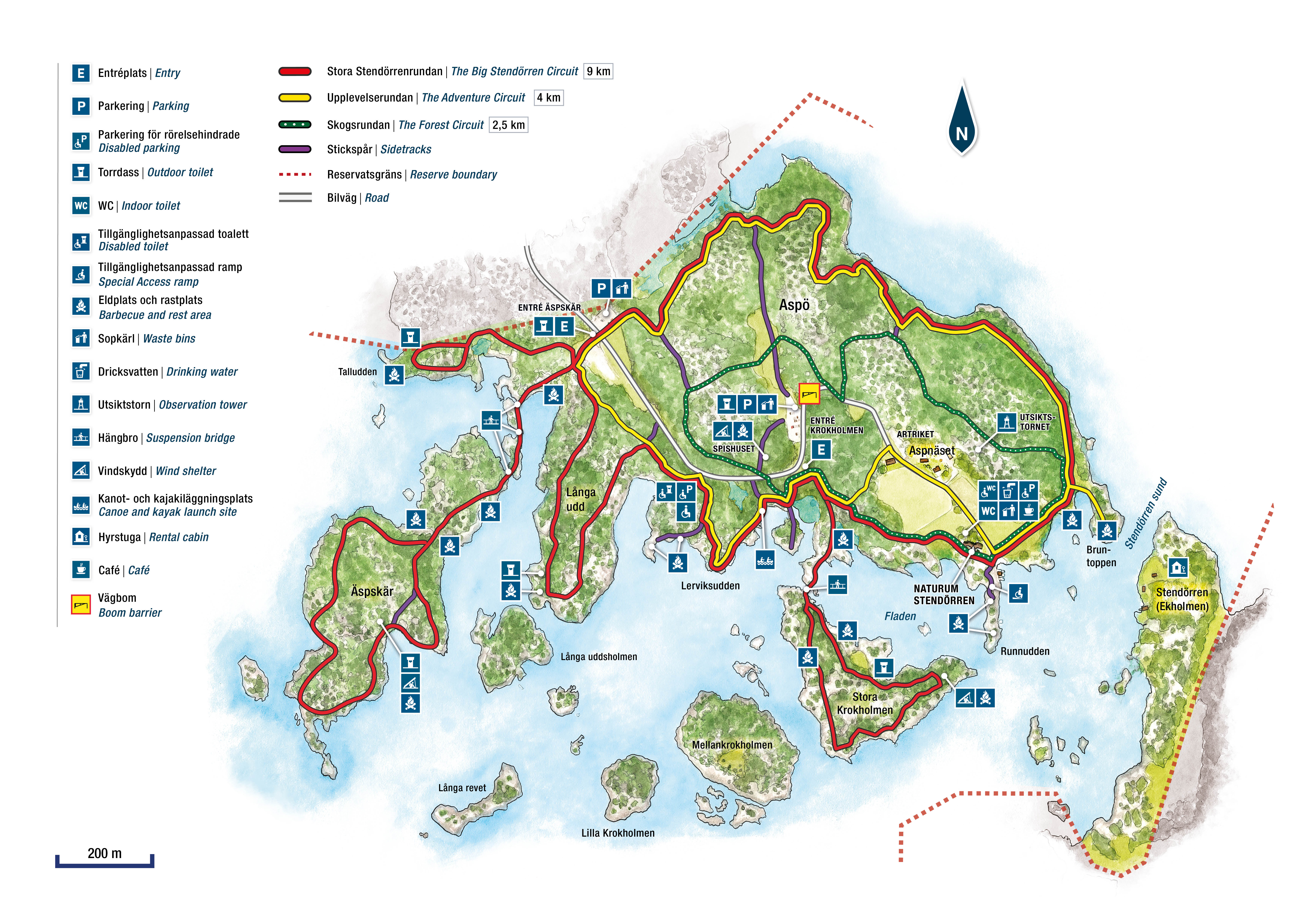 Illustration. Karta över Stendörrens naturreservat. Leder, eldplatser, parkeringar.