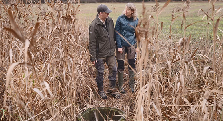 En man och kvinna står och pratar vid en öppen brunn på ett fält. 