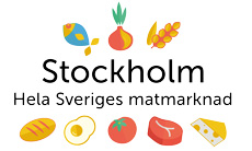 Logotyp för Stockholms läns livsmedelsstrategi med texten Stockholm - hela Sveriges matmarknad omgiven av illustrationer av olika livsmedel.