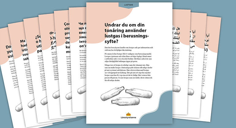 Ett antal broschyrer på olika språk som handlar om lustgas