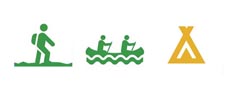 Symbol tält gul, vandring-paddling grön