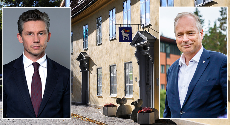 En porträttbild på försvarsminister Pål Jonson och en porträttbild på landshövding Anders Flanking. I bakgrunden ser man länsresidensets fasad.