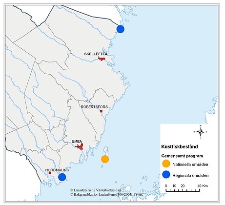Karta som visar undersökta områden fiskbestånd.