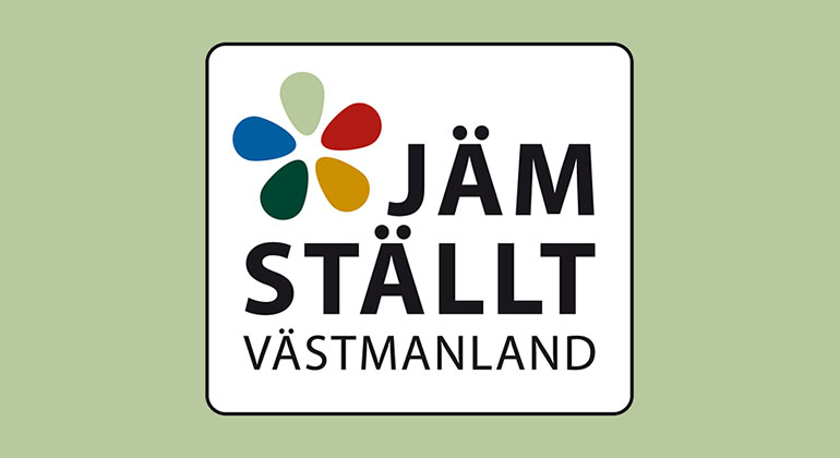 Symbolen för Västmanlands jämställdhetsråd - en blomma med olikfärgade kronblad och texten ett jämställt Västmanland