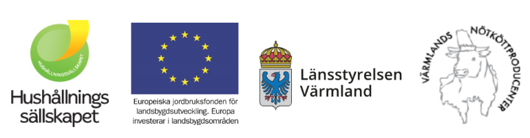 Logotyper för Hushållningssällskapet, Europeiska jordbruksfonden för landsbygdsutveckling, Länsstyrelsen Värmland och Värmlands nötköttsproducenter.