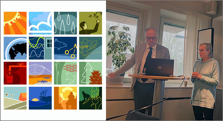 Halva bilden visar tecknade ikoner för de 16 svenska miljökvalitetsmålen. Halva bilden visar en man och en kvinna som står vid ett bord och presenterar något.