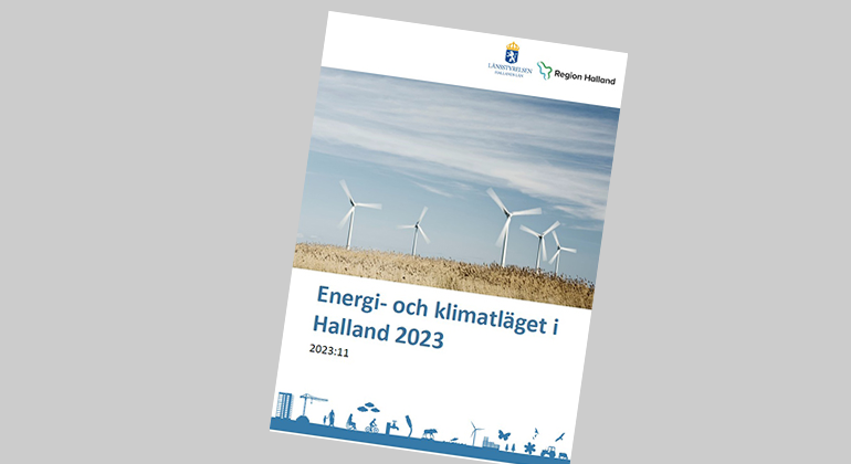 Skärmdump på framsidan av rapporten Energi och klimatläget i Halland 2023, ett foto på flera snurrande vindkraftverk som står på ett fält.