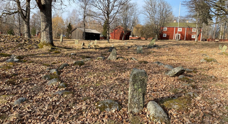 Resta stenar bildar runda gravar väl synliga. I bakgrunden syns hembygdsgårdens
mangårdsbyggnad, byggd i trä.