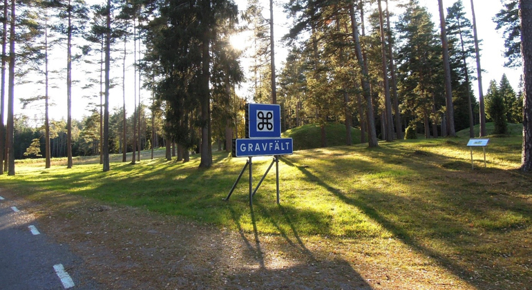 I förgrunden syns en vägvisningsskylt med texten gravfält och en bild på Sankt-Hanskorset som är symbol för kulturlämningar. I bakgrunden ett tallbevuxet område med gravhögar.