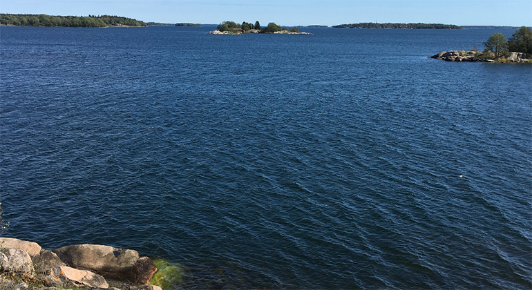 Blått hav och mindre, trädklädda skär i Ålandets naturreservat. Foto: Länsstyrelsen