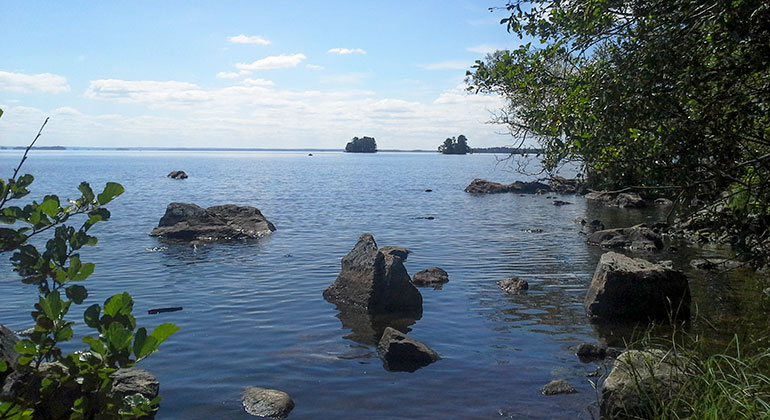 Stenar som sticker upp ur en sjö, några lövträd som står längs stranden syns i kanten av bilden.