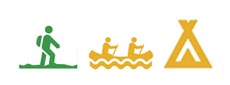 Symbol vandring grön, tälta, paddla gul