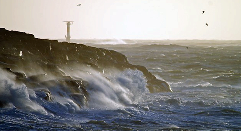 Friska vågor slår in mot klippor vid kusten. 