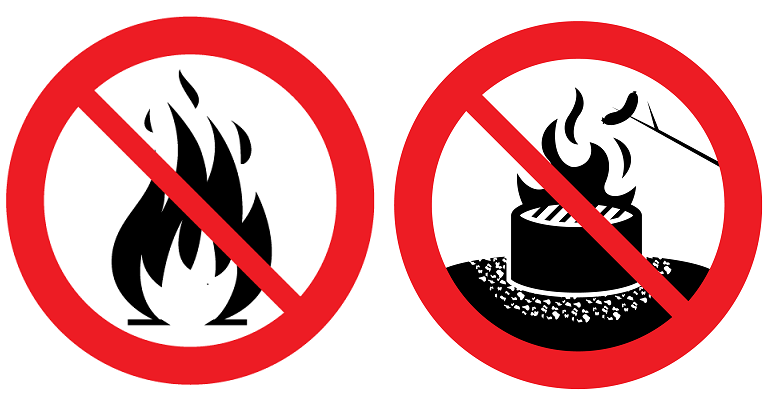 Tecknad symbol för eldningsförbud med en brasa överkorsad med ett rött streck.