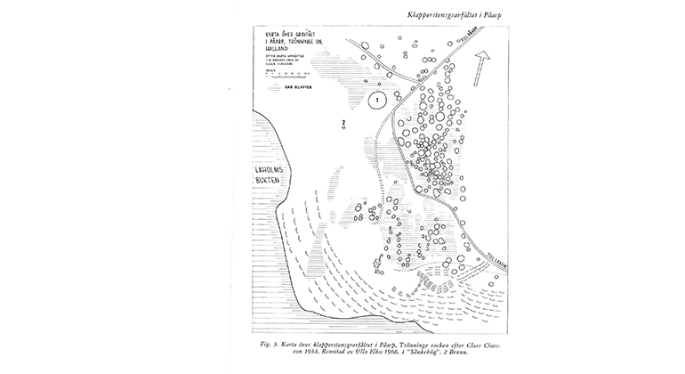 Illustrerad svartvit karta över Påarpsgravfältet.