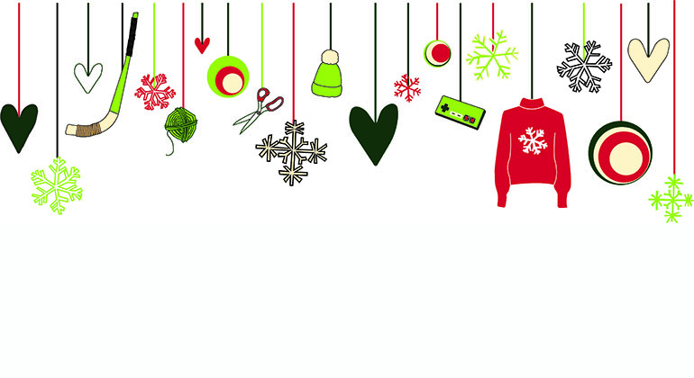 Illustration med julgranskulor blandat med prylar, till exempel en bandyklubba, en tröja och en sax. Text: Grön Jul.