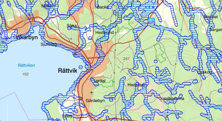 Karta som visar markerat strandskydd i Rättvik