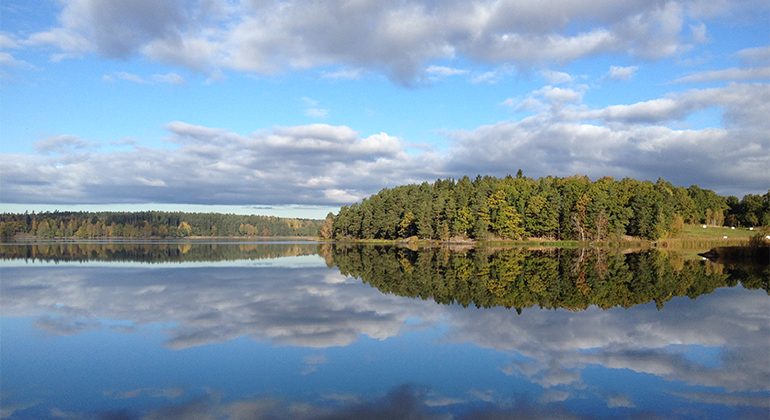 Fotografi på Hällerstadsjön. Blå himmel och blått vatten. På andra sidan syns land, med många gröna träd som speglas på vattenytan. Några moln på himlen speglas också på vattenytan. 
