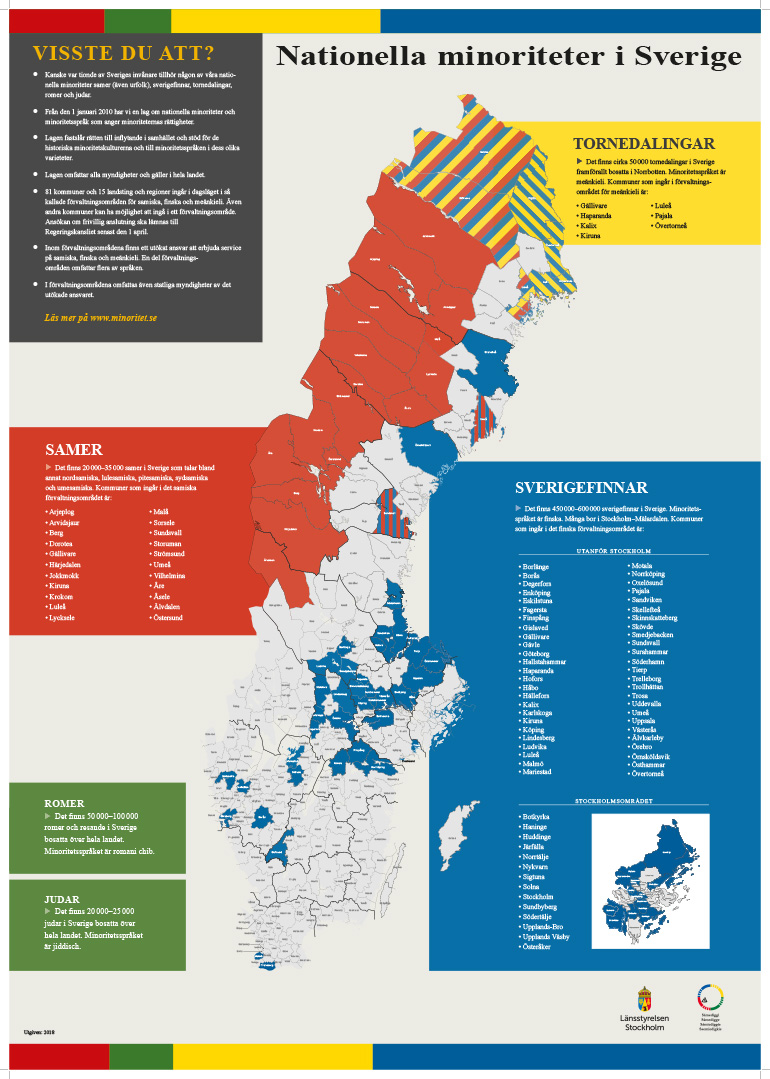 Kartbild över förvaltningsområden för nationella minoritetsspråk i Sverige. 
