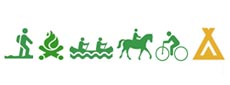Symbol vandra, elda, paddla, rida, cykla grön. Tälta gul