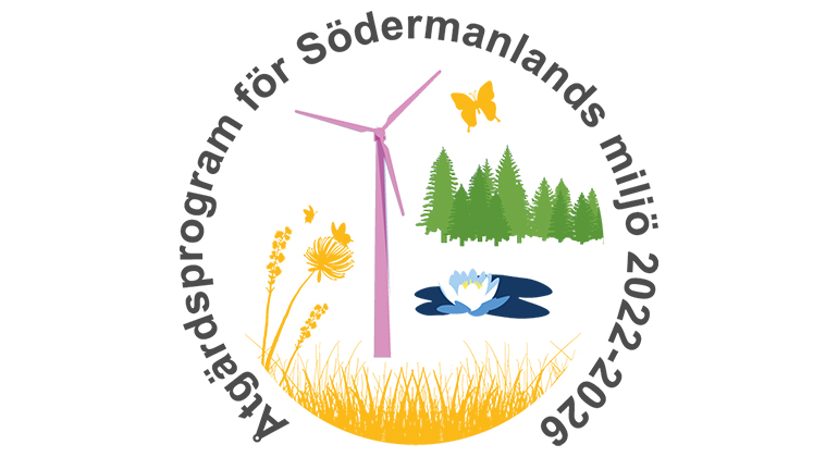 Texten Åtgärdsprogram för Södermanlands miljö står som en cirkel, i mitten av den syns vass, skog, fjärilar och vindkraftverk. 