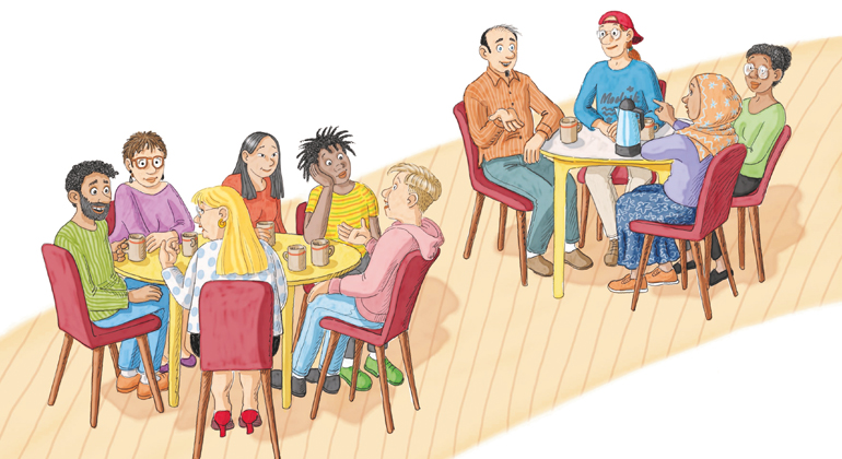 Föräldragrupper sitter runt två bord och samtalar. Illustration.
