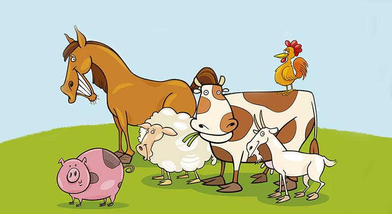 En illustration som visar flera djur som kan finnas på en bondgård